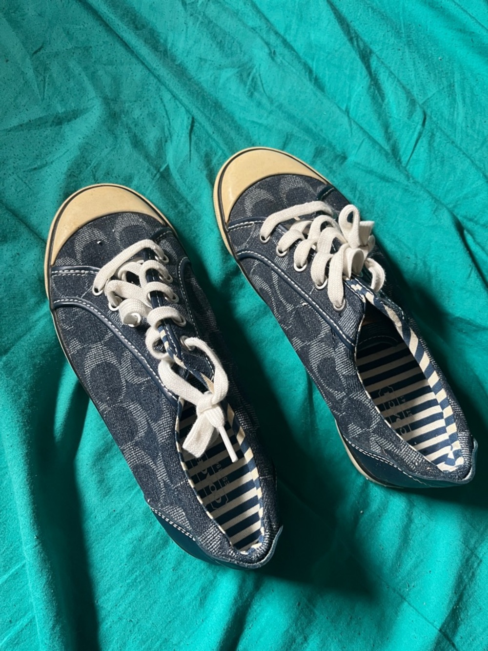 Coach Navy Signature Lace-Up Sneakers with Cream Toe Cap